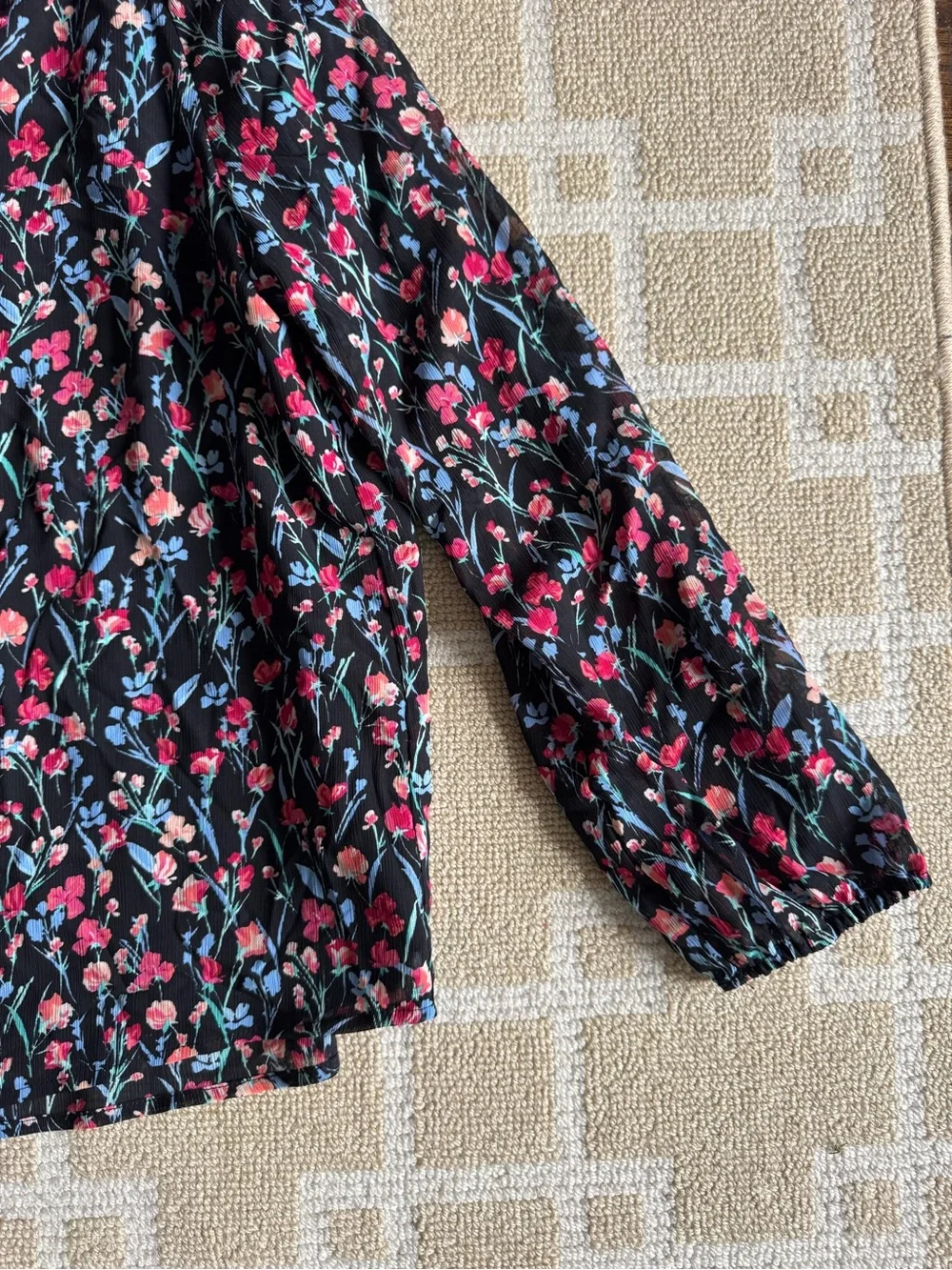 J. Crew Floral Boho Peasant Blouse Black Long Sleeve Lightweight Summer Top M